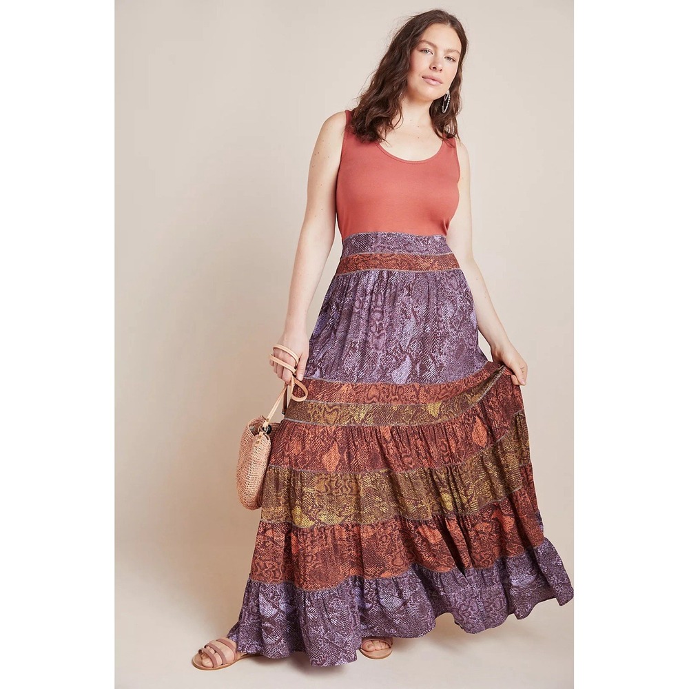 Anthropologie XL Colima Maxi Tiered Snake Animal Print Boho Dress Multicolor